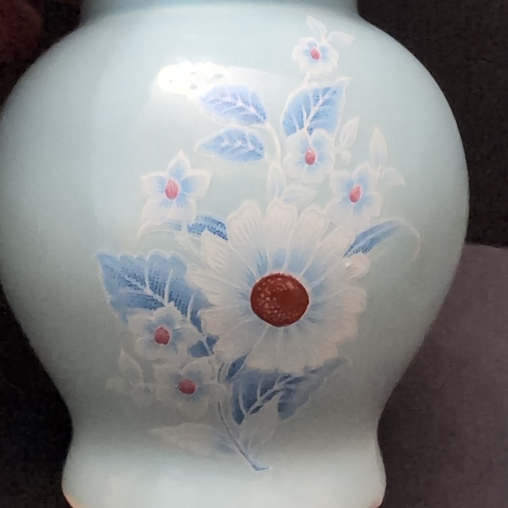 Vintage Mini Sky-blue Ceramic Lidded Ginger Jar With Floral Design. - Picture 2 of 10
